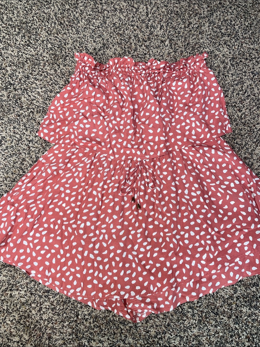 Strapless Romper Ruffle Bodice Tie Waist Mauve White Dots Woman’s Size L | EUC - Picture 2 of 6